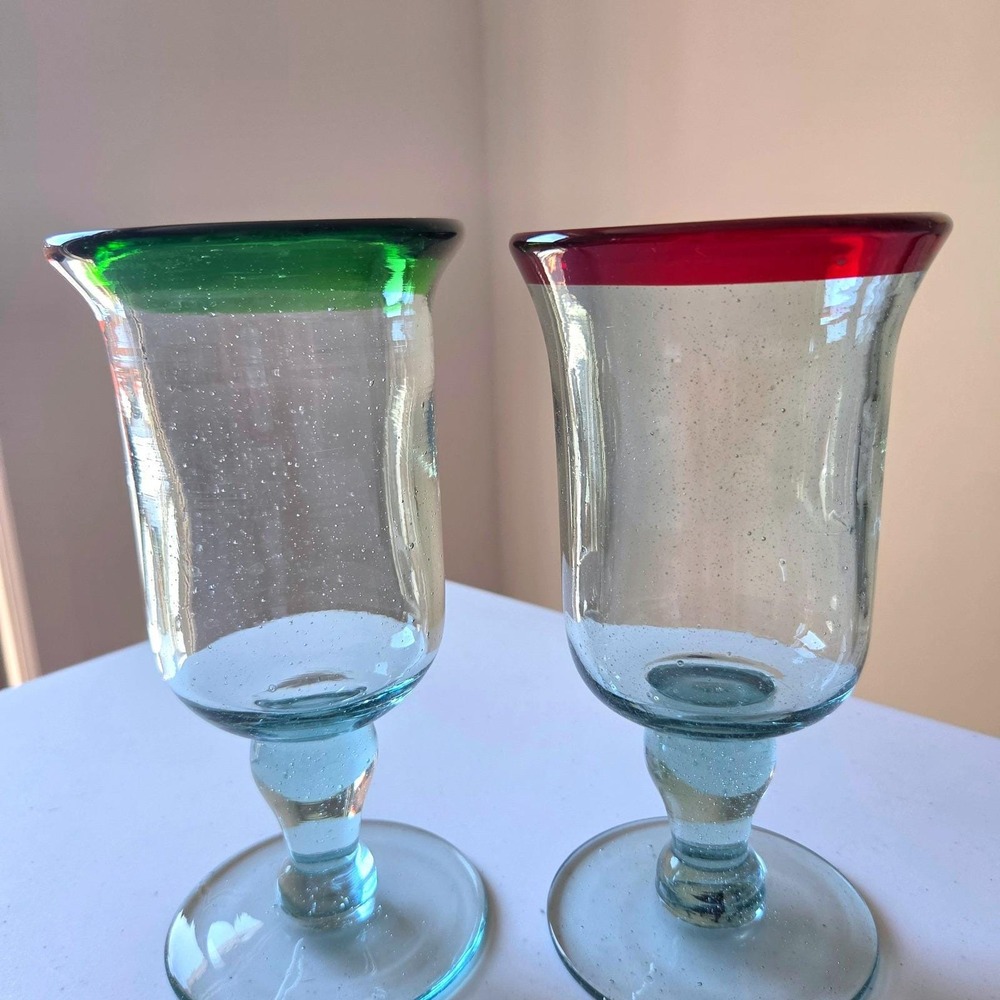 1SourceInc Handblown Seeded Glass Goblets Red Green Rim Christmas Set of 2 - Picture 3 of 7